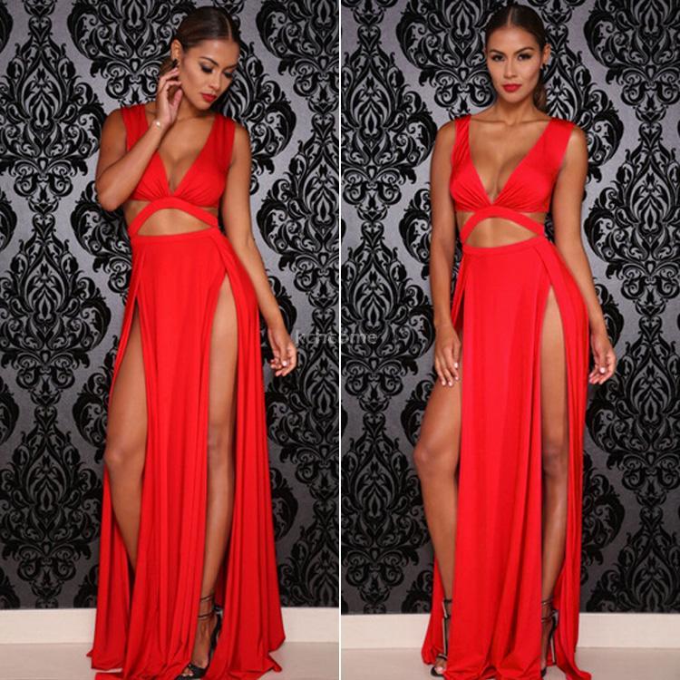 Women Sexy Low Cut V Neck Party Club Double High Splitslit Cocktail 9637
