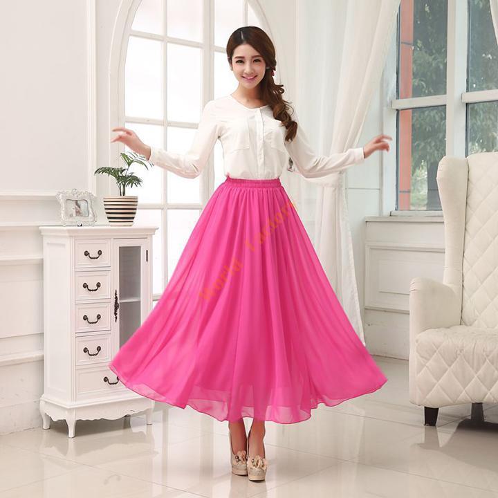 Womens Double Layer Chiffon Elastic Waist Chiffon Long Pleated Maxi Skirt Dress Ebay 