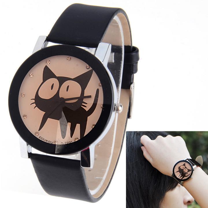Womens-Gold-Shell-Case-Cat-shaped-Pu-Leather-Quartz-Analog-Sports-Wrist-Watch
