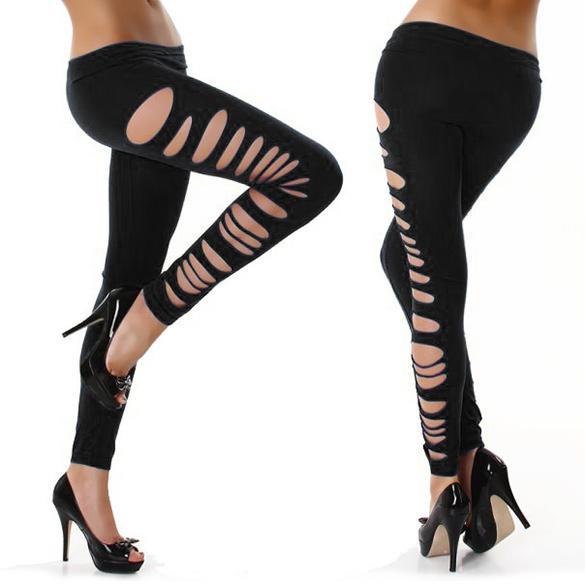 Women Black Sexy Ripped Holes Cotton Blend Casual Leggings Club Trousers Pants Ebay