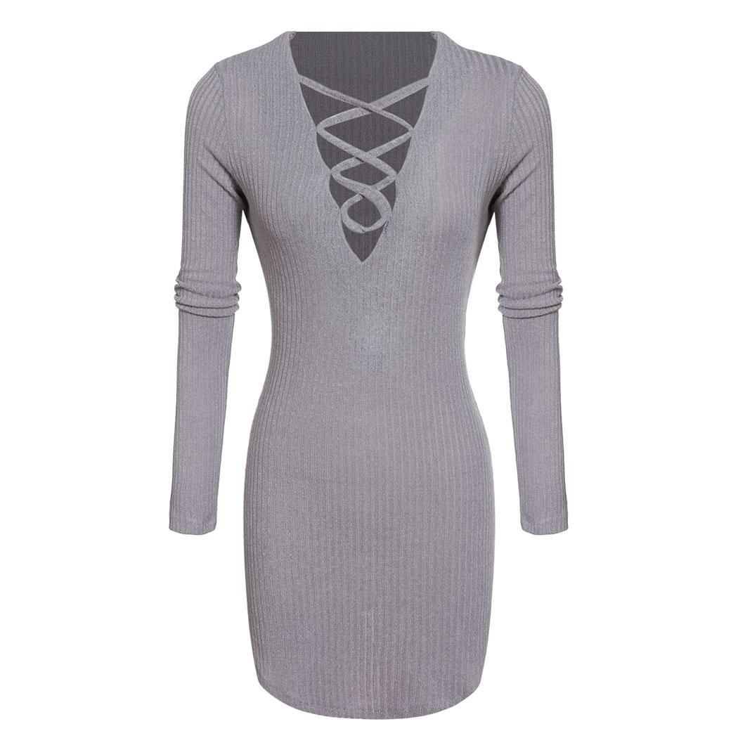 Women Knitting V Neck Long Sleeve Sweater Dress Lace up Tight Bodycon ...